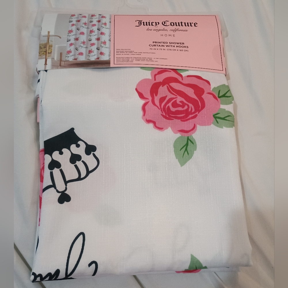 New Elegant Juicy Couture Floral & Cursive Spell Out Shower Curtain Size 70x72 - Picture 4 of 4